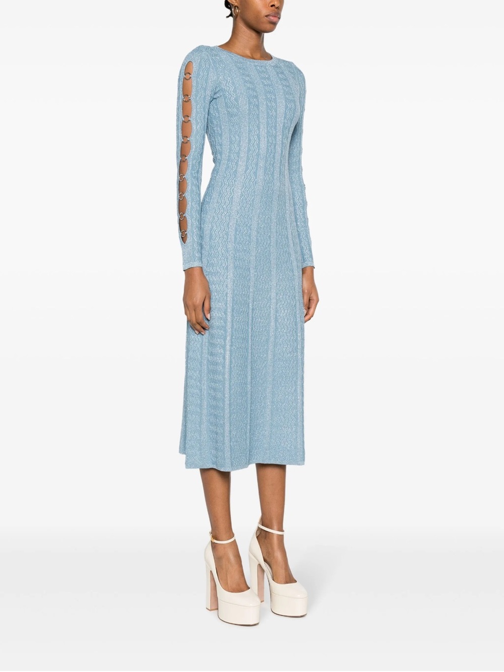 Sandro Light Blue Cable-Knit Midi Dress with Ring-Detail Sleeves
